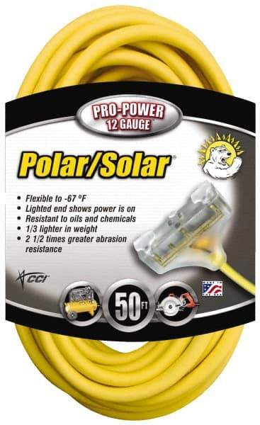 Southwire - 50', 12/3 Gauge/Conductors, Yellow Indoor & Outdoor Extension Cord - 3 Receptacle, 15 Amps, 300 Volts, UL SJEOW-A, NEMA 5-15P, 5-15R x 3 - Eagle Tool & Supply