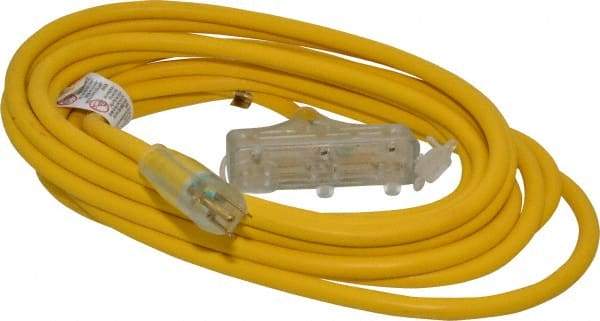 Southwire - 25', 12/3 Gauge/Conductors, Yellow Indoor & Outdoor Extension Cord - 1 Receptacle, 15 Amps, 125 VAC, UL SJTW-A, NEMA 5-15P, 5-15R x 3 - Eagle Tool & Supply