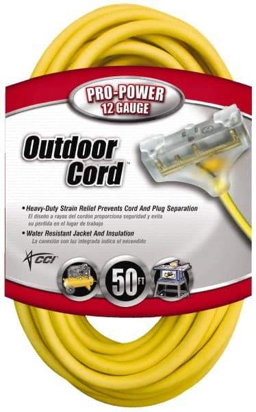 Southwire - 50', 12/3 Gauge/Conductors, Yellow Indoor & Outdoor Extension Cord - 1 Receptacle, 15 Amps, 125 VAC, UL SJTW-A, NEMA 5-15P, 5-15R x 3 - Eagle Tool & Supply