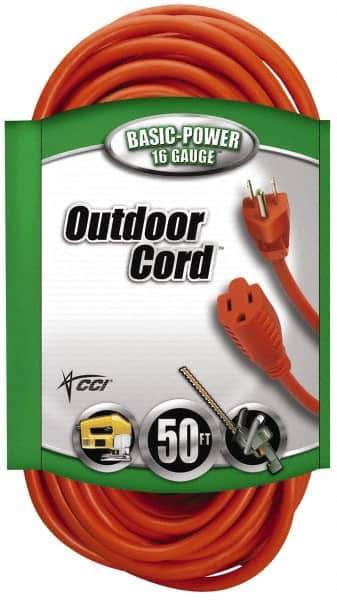 Southwire - 50', 16/3 Gauge/Conductors, Orange Indoor & Outdoor Extension Cord - 1 Receptacle, 13 Amps, 125 VAC, UL SJTW, NEMA 5-15P, 5-15R - Eagle Tool & Supply