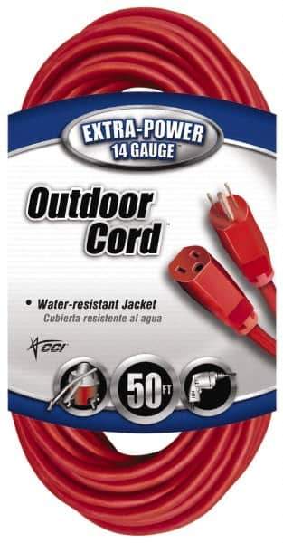 Southwire - 50', 14/3 Gauge/Conductors, Red Indoor & Outdoor Extension Cord - 1 Receptacle, 15 Amps, 125 VAC, UL SJTW, NEMA 5-15P, 5-15R - Eagle Tool & Supply