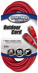 Southwire - 50', 14/3 Gauge/Conductors, Red Indoor & Outdoor Extension Cord - 1 Receptacle, 15 Amps, 125 VAC, UL SJTW, NEMA 5-15P, 5-15R - Eagle Tool & Supply