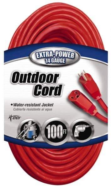Southwire - 100', 14/3 Gauge/Conductors, Red Indoor & Outdoor Extension Cord - 1 Receptacle, 13 Amps, 125 VAC, UL SJTW, NEMA 5-15P, 5-15R - Eagle Tool & Supply