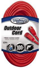 Southwire - 100', 14/3 Gauge/Conductors, Red Indoor & Outdoor Extension Cord - 1 Receptacle, 13 Amps, 125 VAC, UL SJTW, NEMA 5-15P, 5-15R - Eagle Tool & Supply