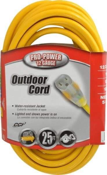 Southwire - 25', 12/3 Gauge/Conductors, Yellow Indoor & Outdoor Extension Cord - 1 Receptacle, 15 Amps, 125 VAC, UL SJTW, NEMA 5-15P, 5-15R - Eagle Tool & Supply