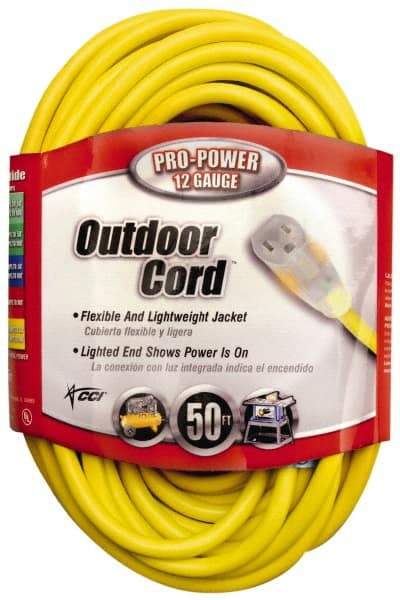 Southwire - 50', 12/3 Gauge/Conductors, Yellow Indoor & Outdoor Extension Cord - 1 Receptacle, 15 Amps, 125 VAC, UL SJTW, NEMA 5-15P, 5-15R - Eagle Tool & Supply