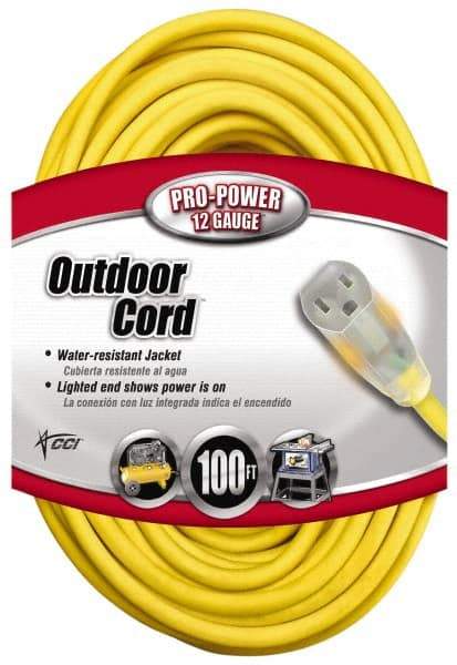 Southwire - 100', 12/3 Gauge/Conductors, Yellow Indoor & Outdoor Extension Cord - 1 Receptacle, 15 Amps, 125 VAC, UL SJTW, NEMA 5-15P, 5-15R - Eagle Tool & Supply