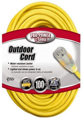 Southwire - 100', 12/3 Gauge/Conductors, Yellow Indoor & Outdoor Extension Cord - 1 Receptacle, 15 Amps, 125 VAC, UL SJTW, NEMA 5-15P, 5-15R - Eagle Tool & Supply