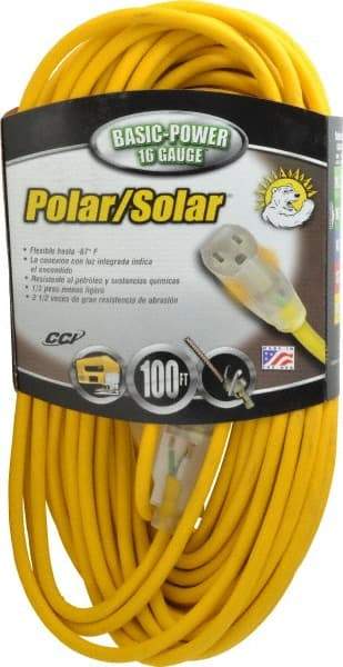 Southwire - 100', 16/3 Gauge/Conductors, Yellow Outdoor Extension Cord - 1 Receptacle, 10 Amps, 125 VAC, UL SJEOOW, NEMA 5-15P, 5-15R - Eagle Tool & Supply