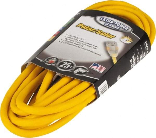 Southwire - 25', 14/3 Gauge/Conductors, Yellow Outdoor Extension Cord - 1 Receptacle, 15 Amps, 125 VAC, UL SJEOOW, NEMA 5-15P, 5-15R - Eagle Tool & Supply