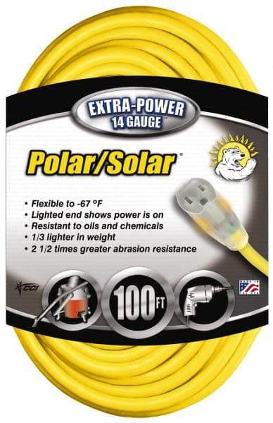 Southwire - 100', 14/3 Gauge/Conductors, Yellow Outdoor Extension Cord - 1 Receptacle, 13 Amps, 125 VAC, UL SJEOOW, NEMA 5-15P, 5-15R - Eagle Tool & Supply