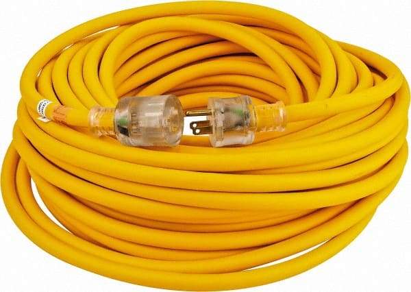 Southwire - 100', 14/3 Gauge/Conductors, Yellow Outdoor Extension Cord - 1 Receptacle, 13 Amps, 125 VAC, UL SEOOW, NEMA 5-15P, 5-15R - Eagle Tool & Supply