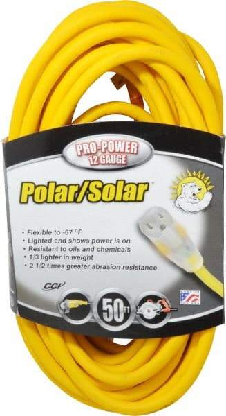 Southwire - 50', 12/3 Gauge/Conductors, Yellow Outdoor Extension Cord - 1 Receptacle, 15 Amps, 125 VAC, UL SJEOOW, NEMA 5-15P, 5-15R - Eagle Tool & Supply