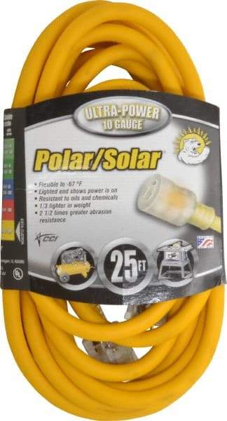 Southwire - 25', 10/3 Gauge/Conductors, Yellow Outdoor Extension Cord - 1 Receptacle, 15 Amps, 125 VAC, UL SJEOOW, NEMA 5-15P, 5-15R - Eagle Tool & Supply