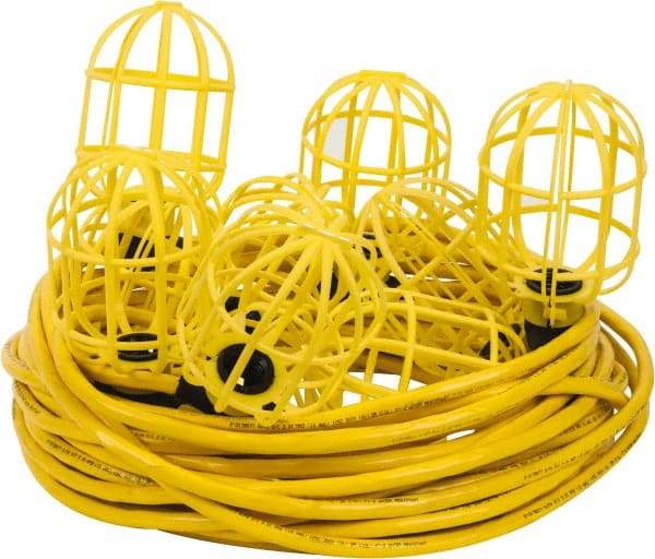 Value Collection - 10 Socket, 4 Conductor, 125 VAC, 15 Amp, Temporary String Light - 100' SJTW-A Cord, Yellow, Plastic, Includes Lamp Guard - Eagle Tool & Supply