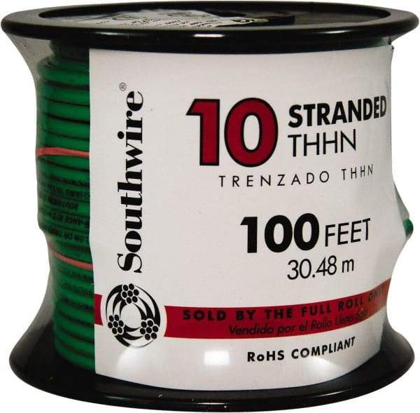 Southwire - THHN/THWN, 10 AWG, 30 Amp, 100' Long, Stranded Core, 19 Strand Building Wire - Green, Thermoplastic Insulation - Eagle Tool & Supply