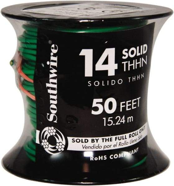 Southwire - THHN/THWN, 14 AWG, 15 Amp, 100' Long, Solid Core, 1 Strand Building Wire - Green, Thermoplastic Insulation - Eagle Tool & Supply