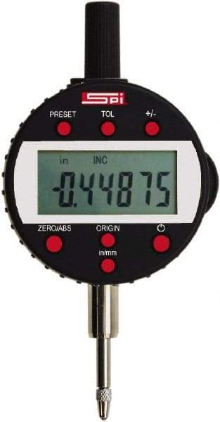 SPI - 0 to 1/2" Range, 0.00005" Graduation, Electronic Drop Indicator - Flat & Center Lug Back, Accurate to 0.00016", English & Metric System, LCD Display - Eagle Tool & Supply