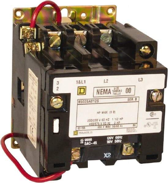 Square D - 3 Pole, 550 Coil VAC at 50 Hz and 600 Coil VAC at 60 Hz, 9 Amp NEMA Contactor - Open Enclosure, 50 Hz at 550 Hz VAC and 60 Hz at 600 VAC - Eagle Tool & Supply