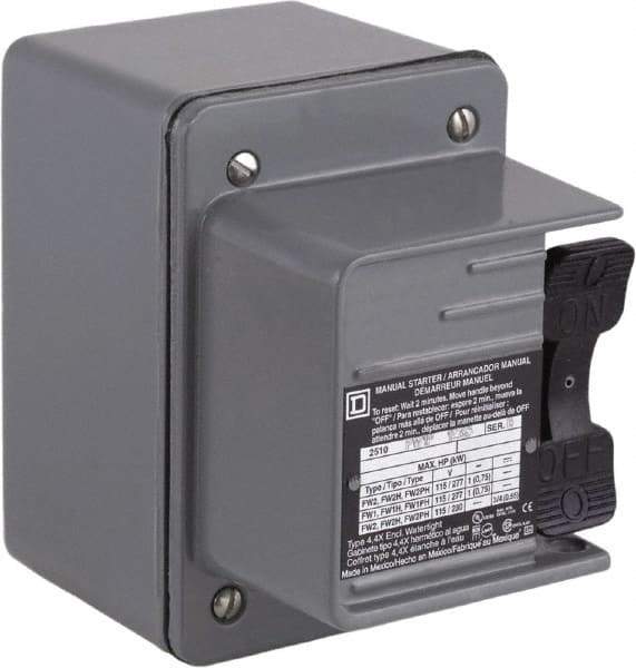 Square D - 2 Poles, 16 Amp, NEMA, Enclosed Toggle Manual Motor Starter - 1 hp at 115 VAC, 1 hp at 230 VAC, 1 hp at 277 VAC, 3/4 hp at 115 VDC & 3/4 hp at 230 VDC, CE, CSA, NEMA 4 & UL Listed - Eagle Tool & Supply