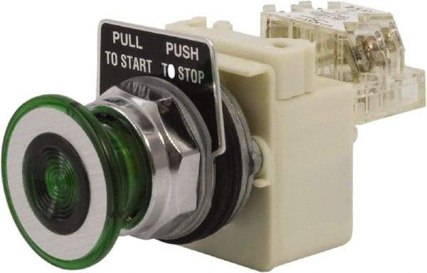 Schneider Electric - 30mm Mount Hole, Extended Straight, Pushbutton Switch with Contact Block - Green Pushbutton, Maintained (MA) - Eagle Tool & Supply