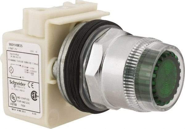 Schneider Electric - 1.18 Inch Mount Hole, Extended Straight, Pushbutton Switch Only - Round, Green Pushbutton, Illuminated, Momentary (MO), Weatherproof, Dust and Oil Resistant - Eagle Tool & Supply