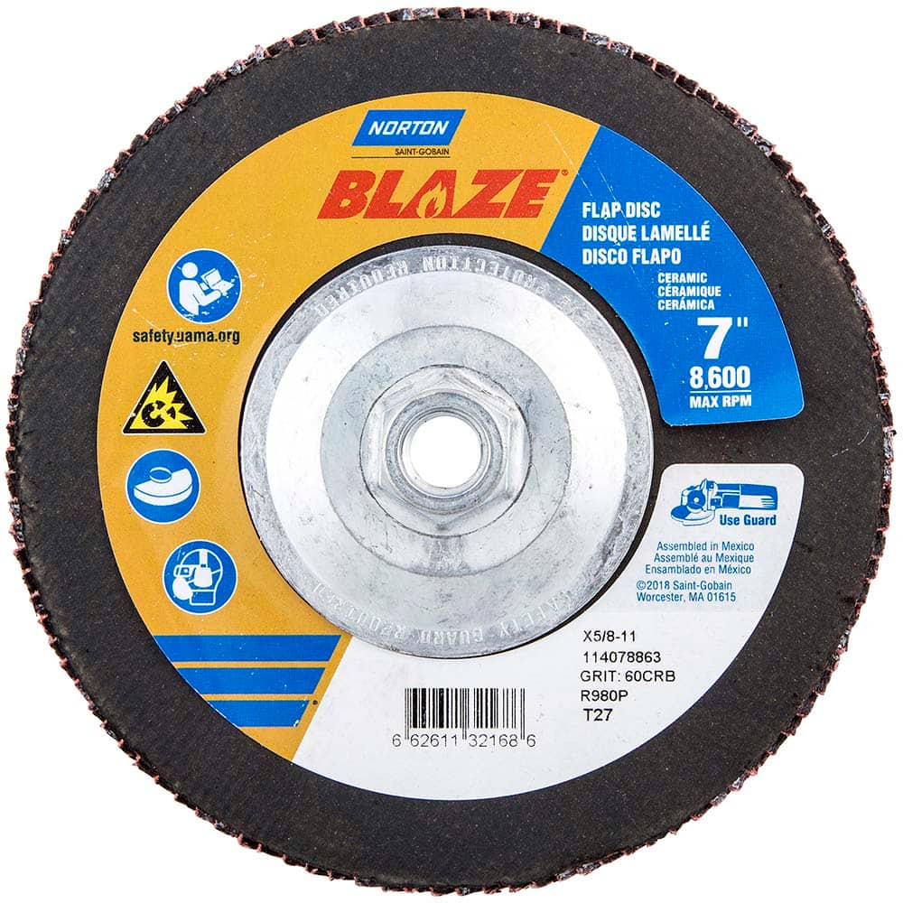 Norton - 7" 60 Grit 5/8-11 Center Hole Type 27 Ceramic Alumina Flap Disc - Eagle Tool & Supply