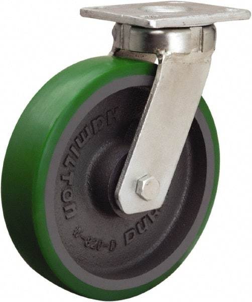 Hamilton - 8" Diam x 2" Wide x 9-1/2" OAH Top Plate Mount Swivel Caster - Polyurethane Mold onto Cast Iron Center, 1,500 Lb Capacity, Sealed Precision Ball Bearing, 4 x 4-1/2" Plate - Eagle Tool & Supply