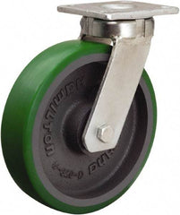 Hamilton - 8" Diam x 2" Wide x 9-1/2" OAH Top Plate Mount Swivel Caster - Polyurethane Mold onto Cast Iron Center, 1,500 Lb Capacity, Sealed Precision Ball Bearing, 4 x 4-1/2" Plate - Eagle Tool & Supply