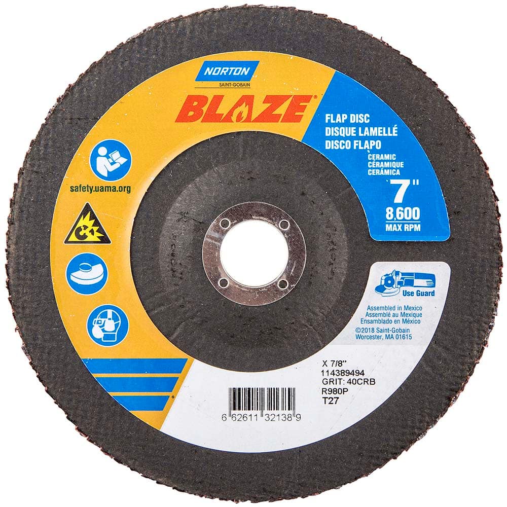 Norton - 7" 40 Grit 7/8" Center Hole Type 27 Ceramic Alumina Flap Disc - Eagle Tool & Supply