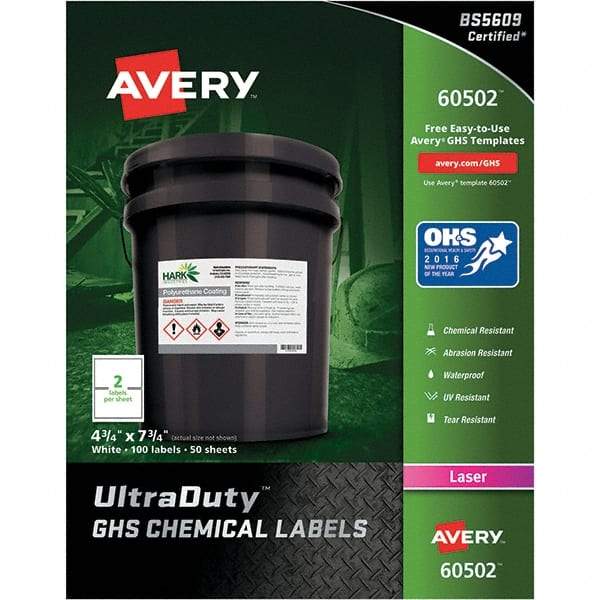 AVERY - 7-3/4" Long, White Paper Laboratory Label - For Laser Printers - Eagle Tool & Supply