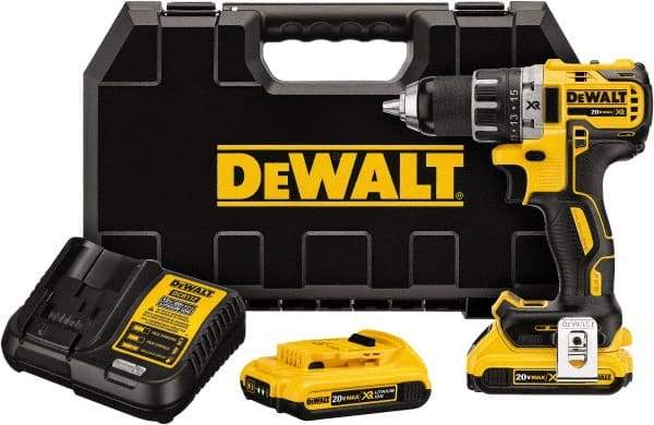 DeWALT - 20 Volt 1/2" Chuck Mid-Handle Cordless Drill - 0-500 & 0-2000 RPM, Keyless Chuck, Reversible, 2 Lithium-Ion Batteries Included - Eagle Tool & Supply