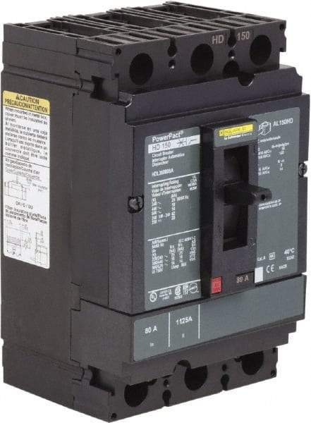 Square D - 80 Amp, 250 VDC, 600 VAC, 3 Pole, Panel Mount Molded Case Circuit Breaker - Thermal Magnetic Trip, 14-3/0 AWG, 87.4mm Deep x 162.6mm High x 104.7mm Wide - Eagle Tool & Supply