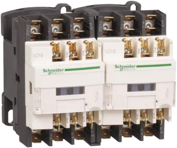 Schneider Electric - 3 Pole, 220 Coil VAC at 50/60 Hz, 12 Amp at 440 VAC, Reversible IEC Contactor - 1 Phase hp: 1 at 115 VAC, 2 at 230/240 VAC, 3 Phase hp: 10 at 575/600 VAC, 3 at 200/208 VAC, 3 at 230/240 VAC, 7.5 at 460/480 VAC - Eagle Tool & Supply