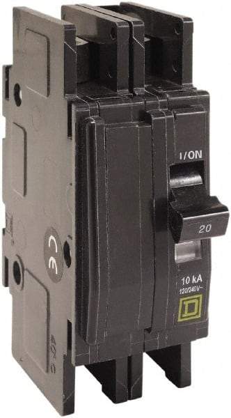 Square D - 20 Amp, 120/240 VAC, 2 Pole, DIN Rail Mounted, Flush Mount, Surface Mount Miniature Circuit Breaker - Thermal Magnetic Trip, 10 kA at 120/240 VAC Breaking Capacity, 14-2 (Aluminum), 14-2 (Copper) AWG, 74mm Deep x 103mm High x 19mm Wide - Eagle Tool & Supply