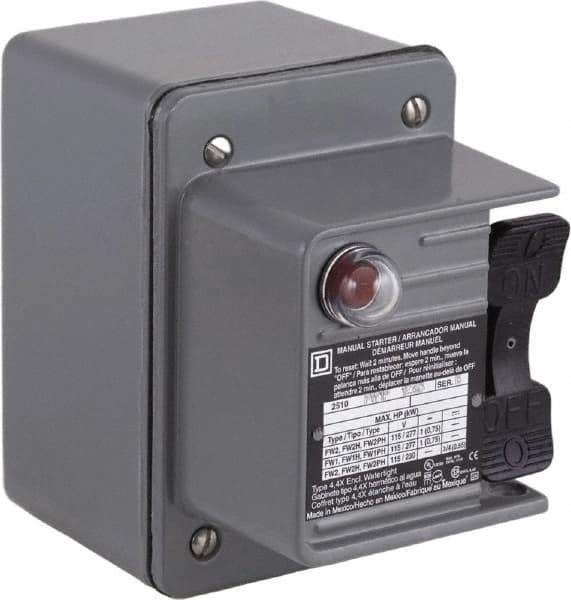 Square D - 2 Poles, 16 Amp, NEMA, Enclosed Toggle Manual Motor Starter - 1 hp at 115 VAC, 1 hp at 230 VAC, 1 hp at 277 VAC, 3/4 hp at 115 VDC & 3/4 hp at 230 VDC, CE, CSA, NEMA 4 & UL Listed - Eagle Tool & Supply