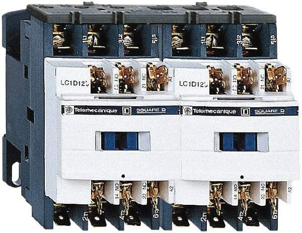 Schneider Electric - 3 Pole, 24 Coil VAC at 50/60 Hz, 9 Amp at 440 VAC, Reversible IEC Contactor - 1 Phase hp: 0.5 at 115 VAC, 1 at 230/240 VAC, 3 Phase hp: 2 at 200/208 VAC, 2 at 230/240 VAC, 5 at 460/480 VAC, 7.5 at 575/600 VAC - Eagle Tool & Supply