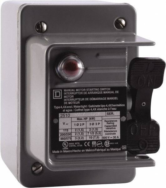 Square D - 3 Poles, 30 Amp, NEMA, Enclosed Toggle Manual Motor Starter - 1 hp at 90 VDC, 10 hp at 460 VAC, 10 hp at 575 VAC, 1-1/2 hp at 230 VDC, 2 hp at 115 VAC, 2 hp at 115 VDC & 7-1/2 hp at 230 VAC, CE, CSA, NEMA 4 & UL Listed - Eagle Tool & Supply