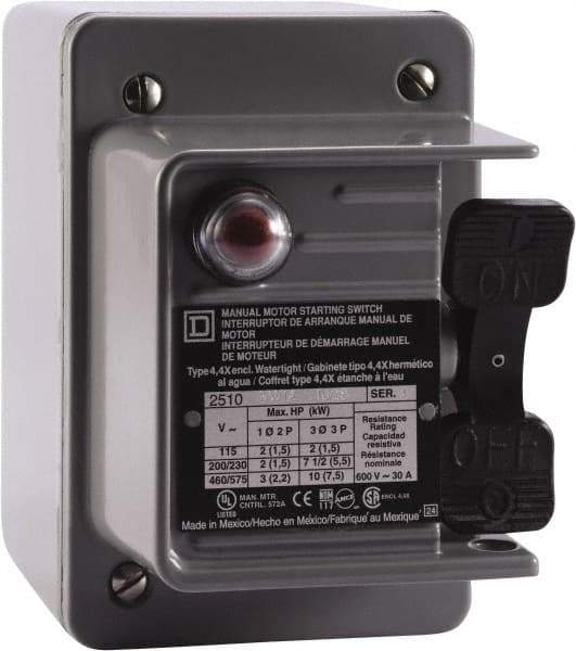 Square D - 2 Poles, 30 Amp, NEMA, Enclosed Toggle Manual Motor Starter - 1 hp at 90 VDC, 1-1/2 hp at 230 VDC, 2 hp at 115 VAC, 2 hp at 115 VDC, 2 hp at 230 VAC, 3 hp at 460 VAC & 3 hp at 575 VAC, CE, CSA, NEMA 4 & UL Listed - Eagle Tool & Supply
