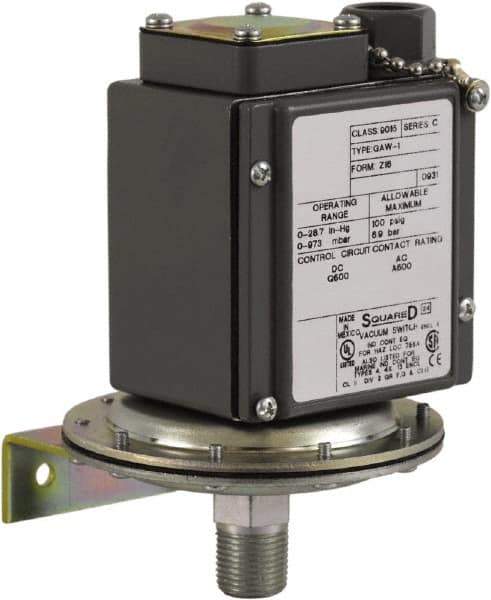 Square D - 4, 13 and 4X NEMA Rated, SPDT, 0.2 to 10 psi, Vacuum Switch Pressure and Level Switch - Adjustable Pressure, 120 VAC, 125 VDC, 240 VAC, 250 VDC, Screw Terminal - Eagle Tool & Supply