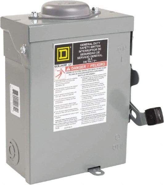 Square D - 30 Amp, 240 VAC, 2 Pole Nonfused Safety Switch - NEMA 3R, 1 & 3 Phase, 10 hp at 240 VAC (Single Phase), 15 hp at 240 VAC (Triple Phase) - Eagle Tool & Supply