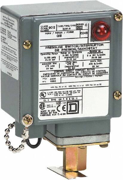 Square D - 4, 13 and 4X NEMA Rated, SPDT, 1.5 to 75 psi, Electromechanical Pressure and Level Switch - Fixed Pressure, 120 VAC at 6 Amp, 125 VDC at 0.22 Amp, 240 VAC at 3 Amp, 250 VDC at 0.27 Amp, 1/4 Inch Connector, Screw Terminal, For Use with 9012G - Eagle Tool & Supply