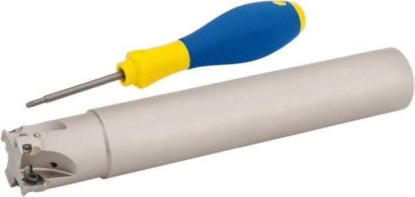 Iscar - 1-1/4" Cut Diam, 0.315" Max Depth of Cut, 1-1/4" Shank Diam, 7.87" OAL, Indexable Square Shoulder Helical End Mill - HM390 TPKT 1003 Inserts, Cylindrical Shank, 90° Lead Angle, Through Coolant, Series HeliIQMill - Eagle Tool & Supply
