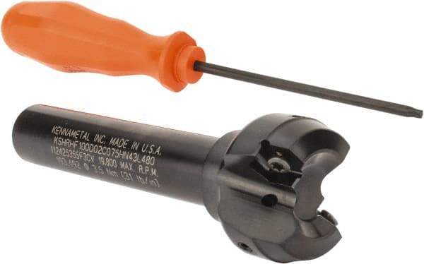 Kennametal - 1.518" Cut Diam, 0.064" Max Depth, 3/4" Shank Diam, Cylindrical Shank Indexable High-Feed End Mill - Screw Holding Method, HNGJ0604ANENLD Insert, KSHR Toolholder, Through Coolant - Eagle Tool & Supply