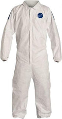 Dupont - Size 4XL Film Laminate General Purpose Coveralls - White/Blue, Zipper Closure, Elastic Cuffs, Elastic Ankles, Serged Seams, Hazard Level D & C - Eagle Tool & Supply