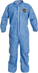 Disposable Coveralls: Size Medium, Film Laminate, Zipper Closure Blue, Sewn Seam, Elastic Cuff, Elastic Ankle, ISO Non-Cleanroom Class
