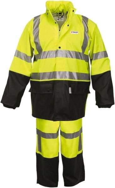 MCR Safety - Size XL, Lime & Black, Rain, Flame Resistant/Retardant, Disposable Encapsulated Suit - 56" Chest, Attached Hood, Open Ankle, Elastic Wrist - Eagle Tool & Supply