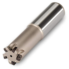 Indexable High-Feed End Mill: 1″ Cut Dia, 0.9843″ Cylindrical Shank Uses 4 UNLU Inserts, 0.043″ Max Depth, 10″ OAL, Through Coolant