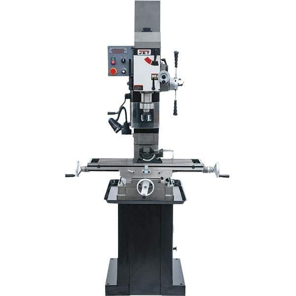 Jet - 1 Phase, 19-11/16" Swing, Geared Head Mill Drill Combination - 32-1/4" Table Length x 9-1/2" Table Width, 20-1/2" Longitudinal Travel, 8-1/4" Cross Travel, Variable Spindle Speeds, 1.5 hp, 115/230 Volts - Eagle Tool & Supply