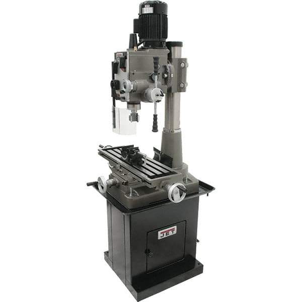 Jet - 1 Phase, 19-11/16" Swing, Geared Head Mill Drill Combination - 32-1/4" Table Length x 9-1/2" Table Width, 20-1/2" Longitudinal Travel, 8-1/4" Cross Travel, 6 Spindle Speeds, 1.5 hp, 115/230 Volts - Eagle Tool & Supply